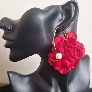Red Flower Statement Earrings Gold Hoop Pearl Drop Handmade